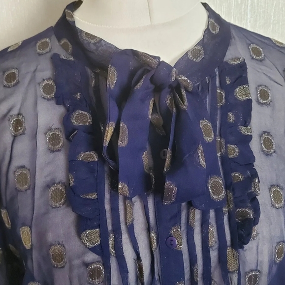 Meadow Rue Blue pattern Top Blouse Shirt 16 uk Bow chiffon sheer pintuck - Picture 3 of 7